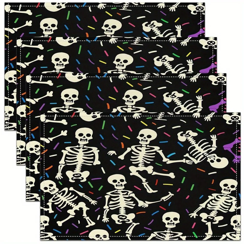 4pcs Sugar Skull Placemats Gothic Skeleton Placemat for Kitchen Dining Table 18x12 Colorful Geometric Stripe Table Place Mats