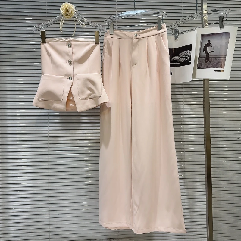 여름 신상품 민소매 Strapless 입체 꽃 붕대 탱크 탑 + 와이드 레그 팬츠 절묘한 하이 엔드 세트