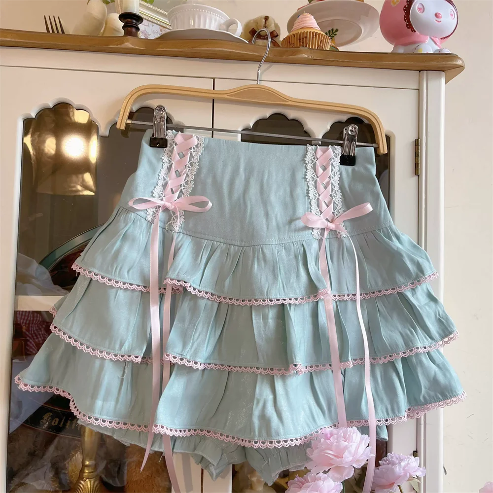 原宿スタイルのプリーツミニスカート,ハイウエスト,レースリボン,ロリータスタイル,かわいい日本のケーキスカート,カワイイ