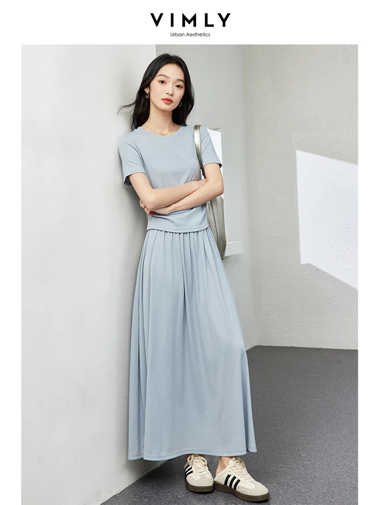 VIMLY Summer Sporty Casual Set Soft Air Cotton Short Sleeve Top+Elastic Waist Loose Skirt Two Piece Solid Women Set Skirt M7669