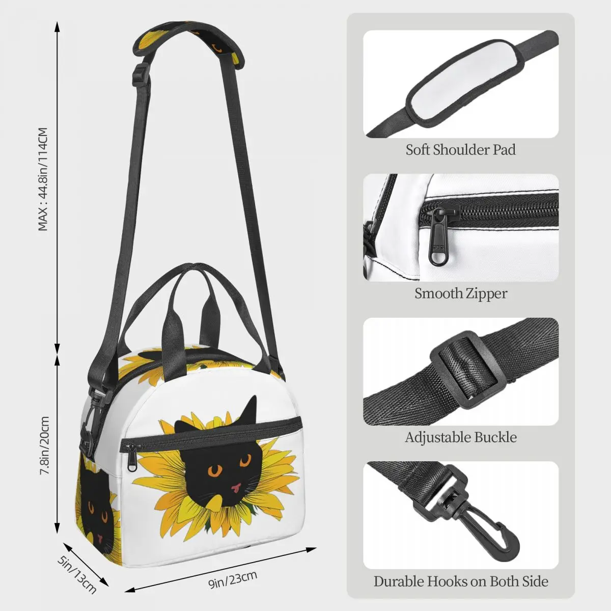 Black Cat Popping Out Of A Sunflower Lunch Bags Insulated Bento Box Waterproof Lunch Tote Picnic Bags Cooler Bag for Woman Kids