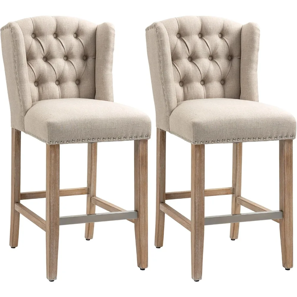 

Counter Height Bar Stools,Seat Height Upholstered Barstools, Stools with Nailhead-Trim, Tufted Back and Wooden Legs