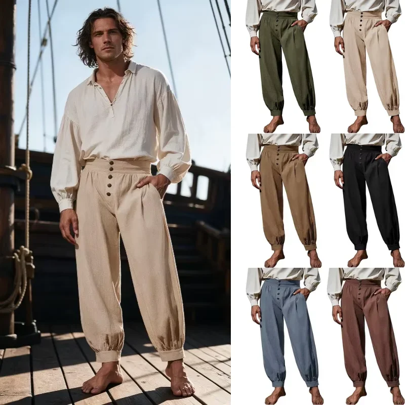 Men Vintage High Waist Decorative Button Loose Jogger Pants Retro Renaissance Pirate Baggy Casual Ankle Cuff Trousers