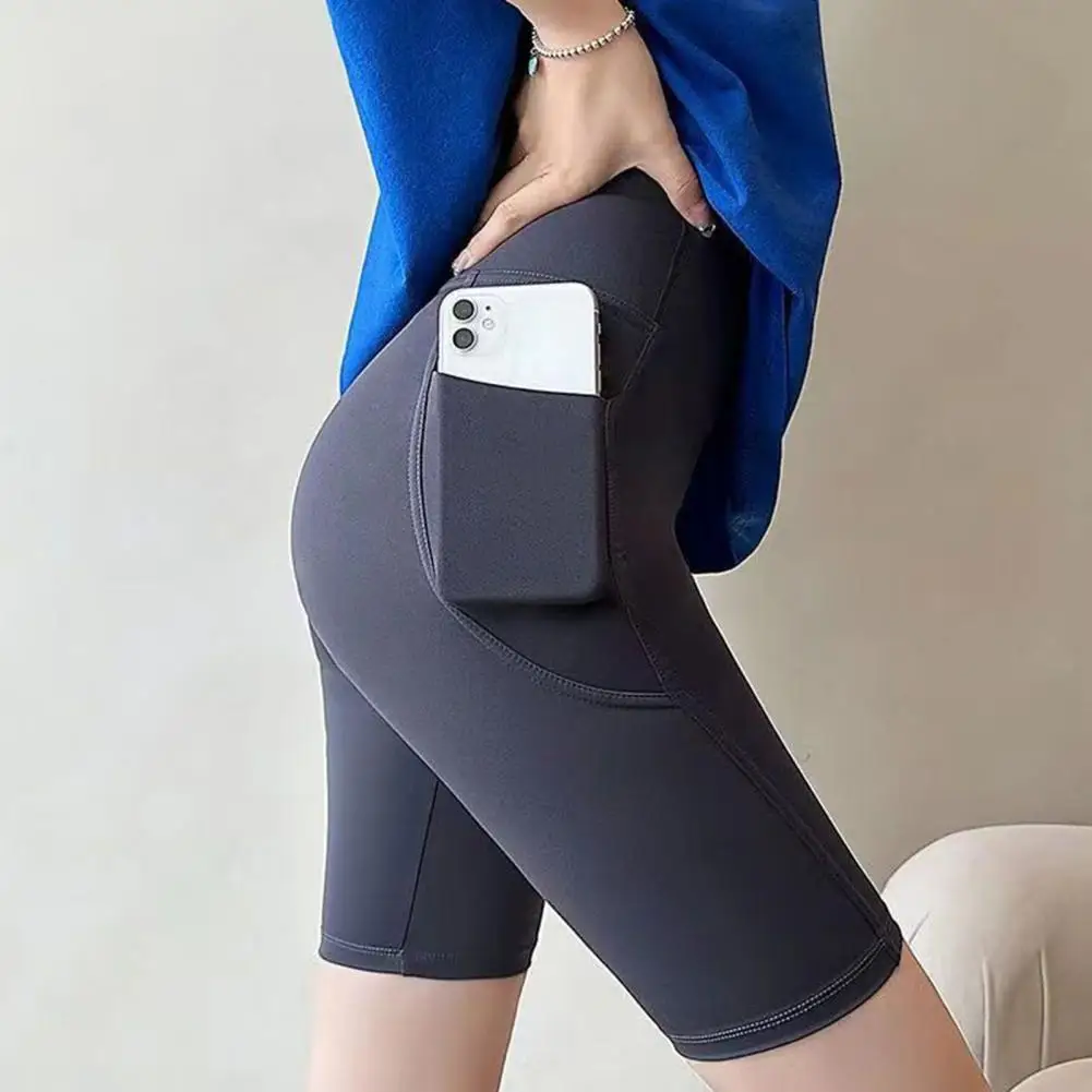 Yoga Pants High Waist Great Elasticity Cycling Pants Phone Pockets Workout Shorts Sweat Absorption Jogging Gym Sports Leggings