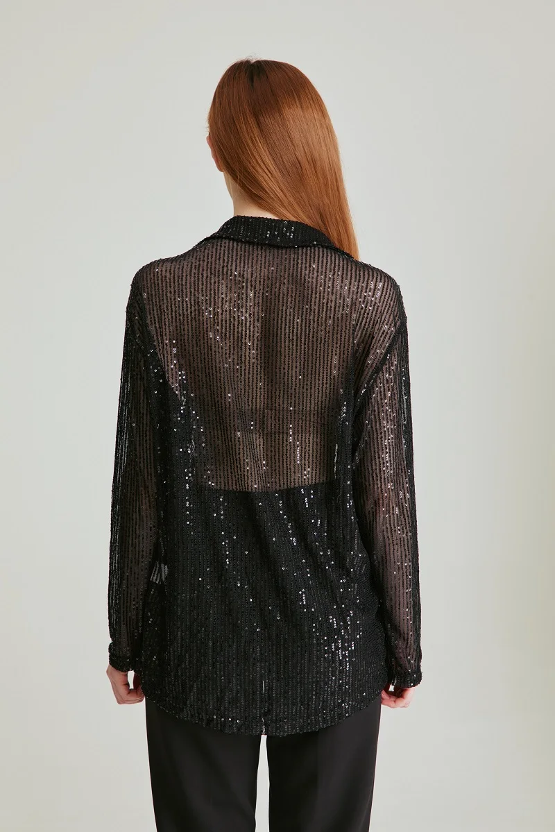 2025 Trendy Plus Size Sequin Sparkle Shirt - Vintage Collared Loose Fit Long Sleeve for Spring image 4
