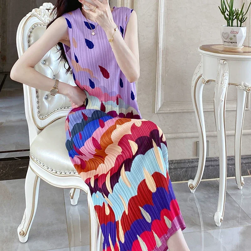 ออกแบบชุดระดับไฮเอนด์พร้อมกระโปรงเสื้อกั๊กจีบพิมพ์สําหรับผู้หญิง Vestidos De Mujer เสื้อผ้าฤดูร้อนสําหรับผู้หญิง