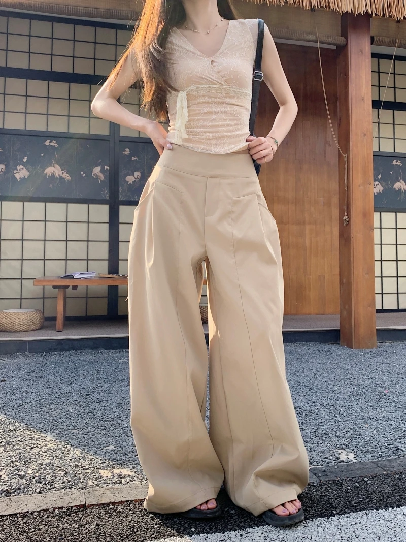

Retro Minimalist Design Pleated Khaki Casual Cargo Pants For Women's Spring/summer High-waist Pocket Loose Straight-leg Trousers