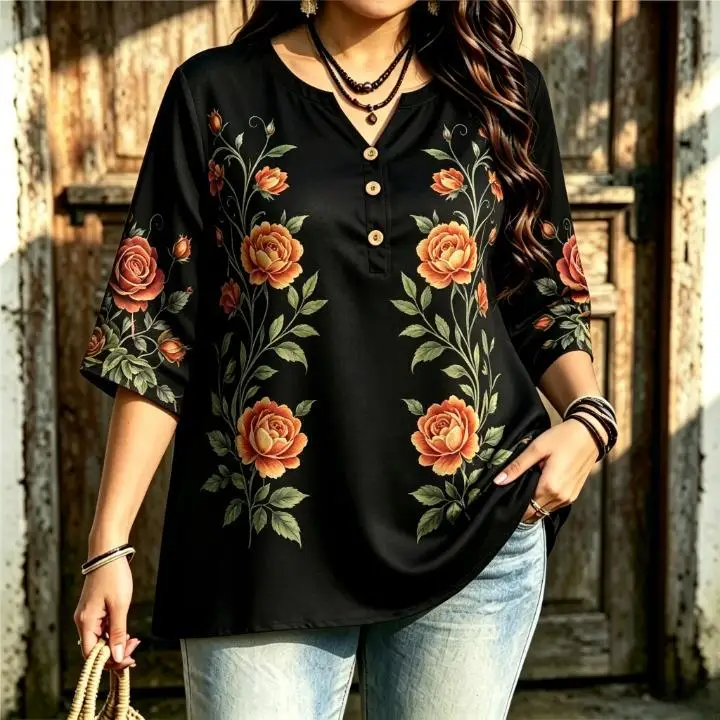 Women Vintage Rose Floral Print Blouse Notched Neck 3/4 Sleeve Loose Curvy Fit Casual Ladies Tops