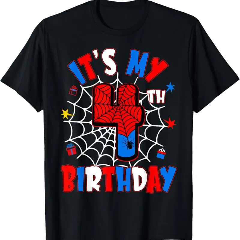 

4 Years Old Kids It'S My 4Th Birthday Spider Theme Party T Shirt