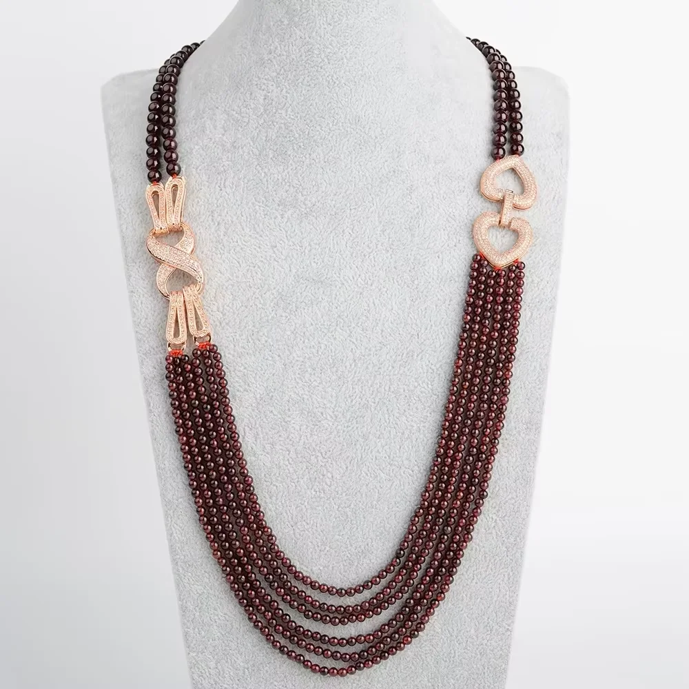 

27" 6 Rows Round Top Garnet Necklace CZ Pave Connector