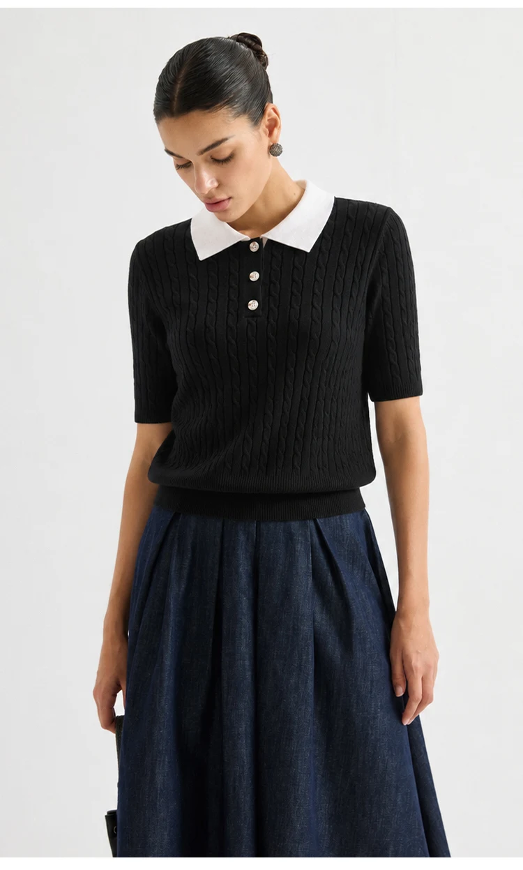 MZ62085 Damen-Pullover im Preppy-Stil mit Polokragen, Zopfmuster, kurzen Ärmeln, Kontrastkragen, Knopfdetails, Modal-Mischung, Oberteil für den frühen Herbst – Detail 4