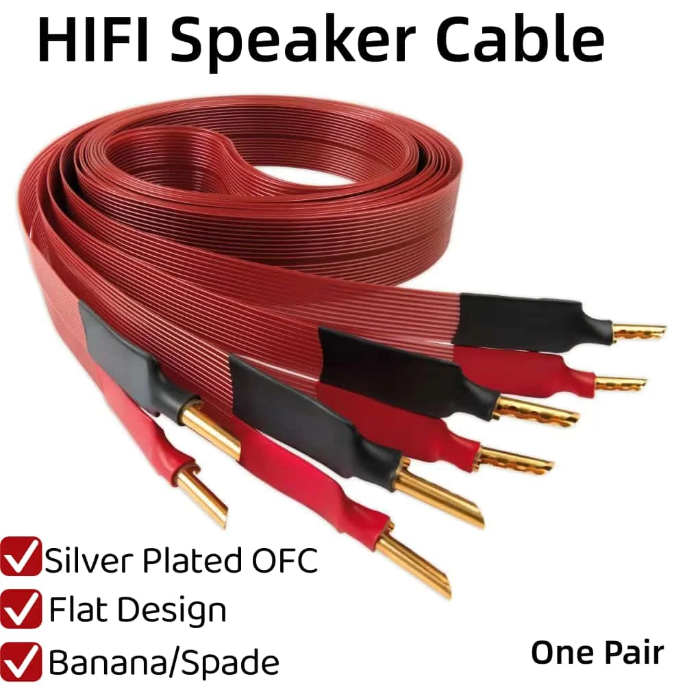 Silver Plated OFC Flat Speaker Cable 1 Pair Banana Spade Plug HiFi Audiophile Loudspeaker Wire for Amplifier Home Theater