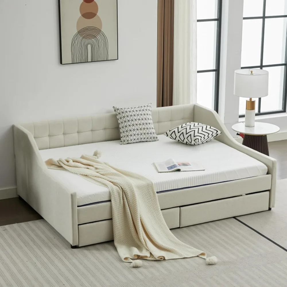 

Linen Upholstered Daybed with Button Tufting for Living Room Bedroom, Twin, Nature Beige,Linen Upholstered Daybed