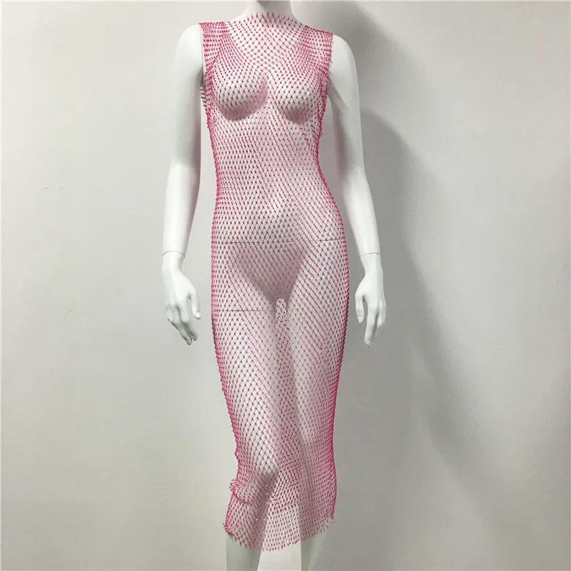 Crystal Rhinestone Fishnet Dress Rave Festival Women Sexy Hollow Out Diamond Sleeveless Bodycon Club Party Maxi Long Dresses