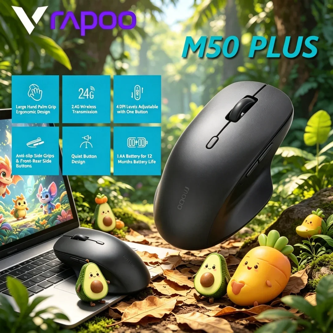 Rapoo M50 PLUS Silent 2.4G Wireless Mouse Optical Ergonomic Appliance Forged For Robust Hand For Desk Work Use,600 DPI Switch