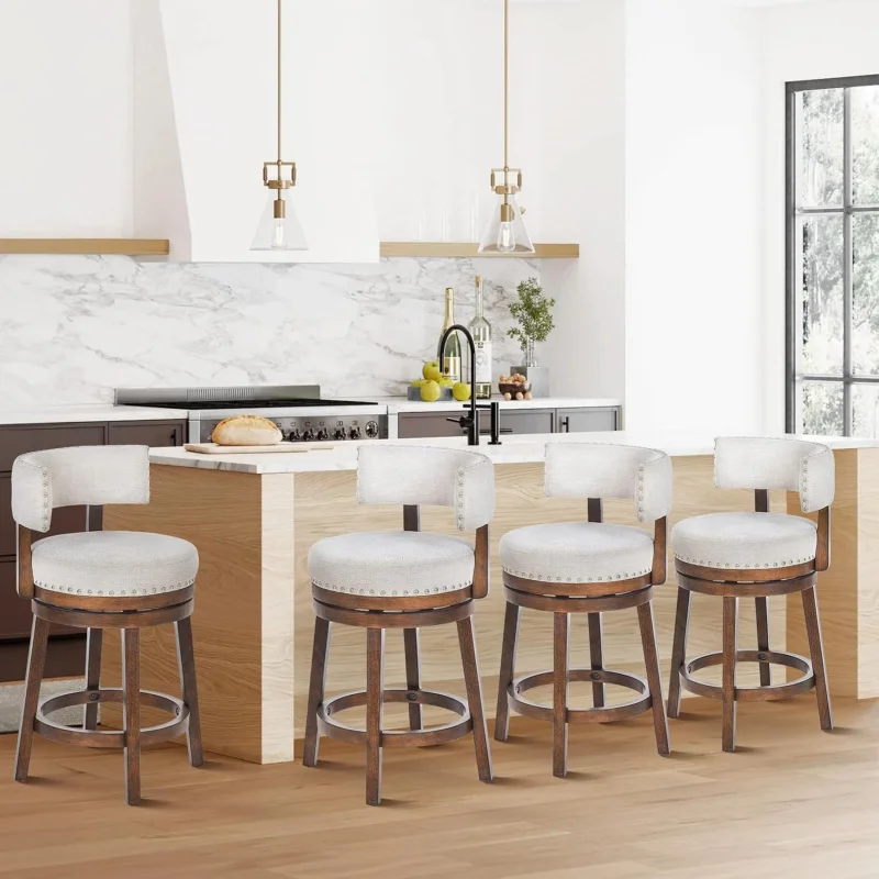 

Set of 4 Swivel Bar Stools, 25In Counter Height with Back, Modern Upholstered Beige Stools Kitchen Island, Dining