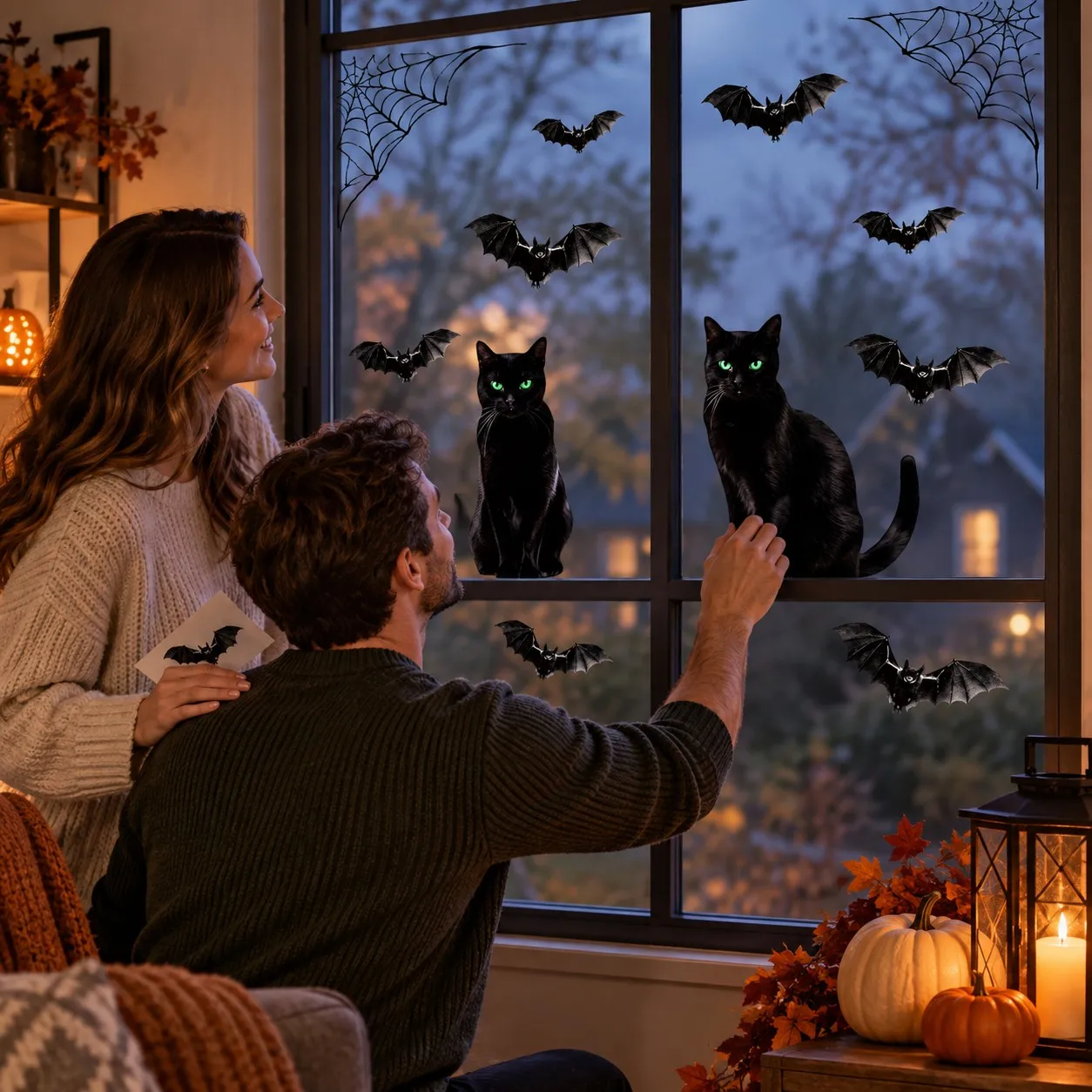 Halloween Window Clings, Black Cat Bat Spider Web Static Window Stickers, Removable Halloween Glass Decals for Home Window