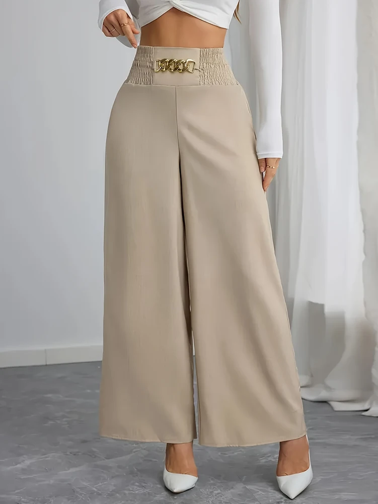 Plus Size Women's Casual Wide Leg Pants - Oversize fit, Drawstring Waist, Polyester Blend Suitable For Beach Or Casual Attire