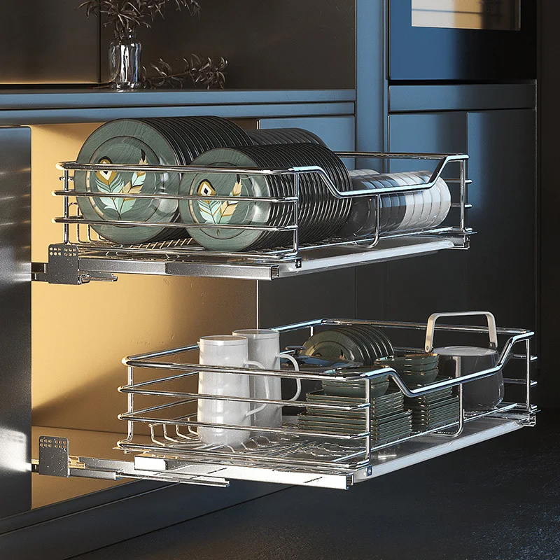 

304 stainless steel kitchen basket, dish storage double drawer bowl rack