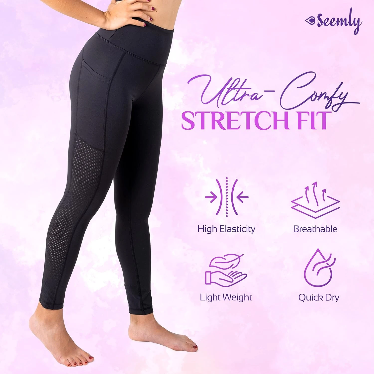 

Pack of 01 Seemly High Waisted Leggings with Pockets for Tummy Control and Breathable Yoga Pants