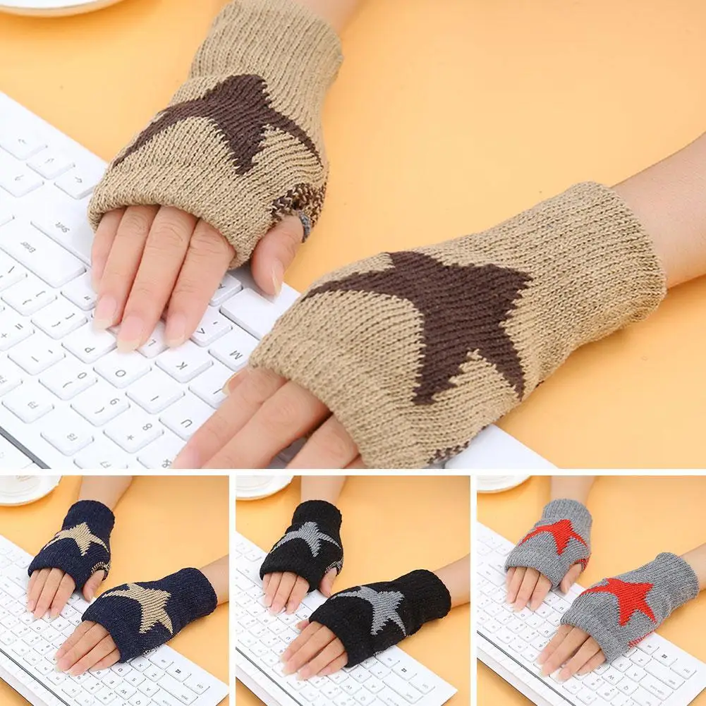 Fashion Warm Pentagram Knitted Fingerless Winter Gloves Soft  Wool Knitting Arm Flexible Hand Gloves Warmer for Men Women