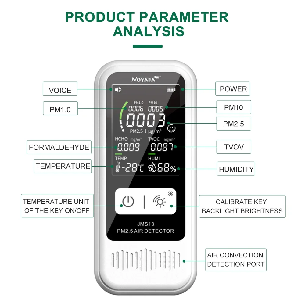 NOYAFA JMS13 Air Quality Monitor PM2.5 HCHO TVOC Humidity Meter Gas Detector LCD Display Temperature Tester Smart Home
