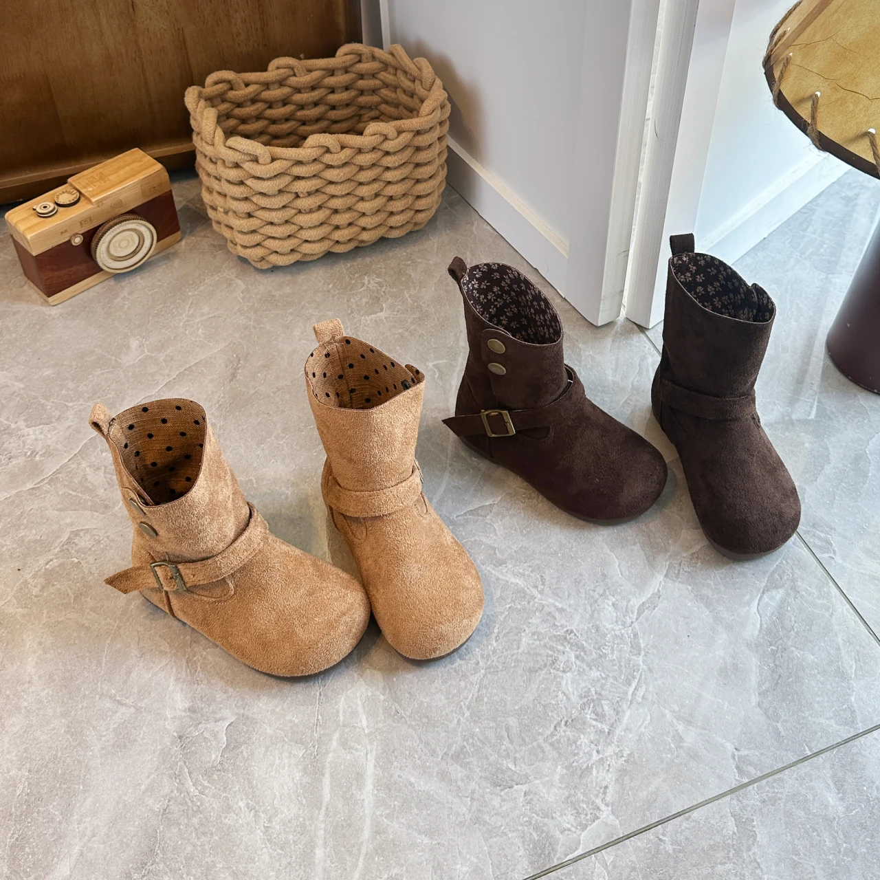 Kids Vintage Suede Ankle Boots, Reversible Cuff Floral & Polka Dot Lining Boots Retro Forest-style Cuffed Children's Ankle Boots