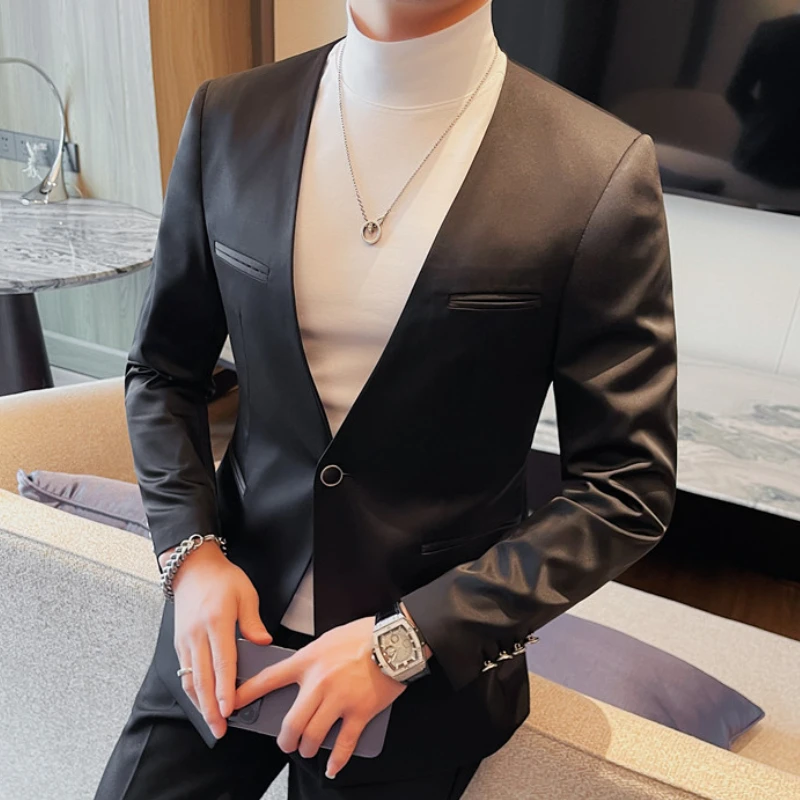 Luxury Solid Color Blazer Men Collarless Single Button Casual Business Suit Jacket Banquet Party Coat Uniform Wedding Social