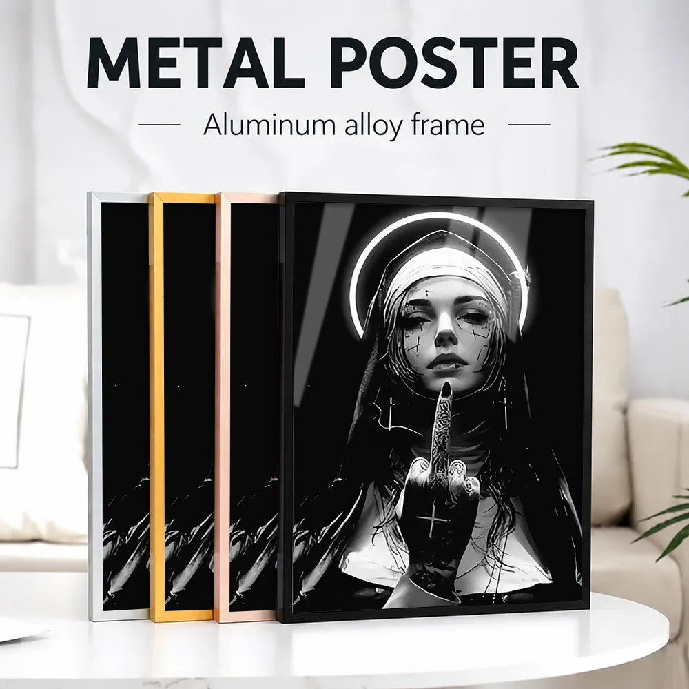 Nun Featuring Halo Framed Metal Poster Personalized Photo Refined Iconic Style Wall Art For Meditation Space Confirmation Gift