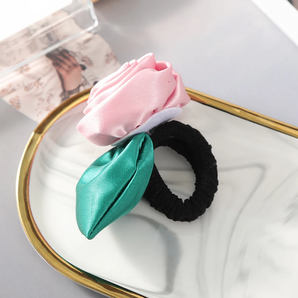 AWAYTR Satin Rose Flower Hair Rope Scrunchies Ponytail Holder Headband for Women Elastic Hair Bands Hair Accessories