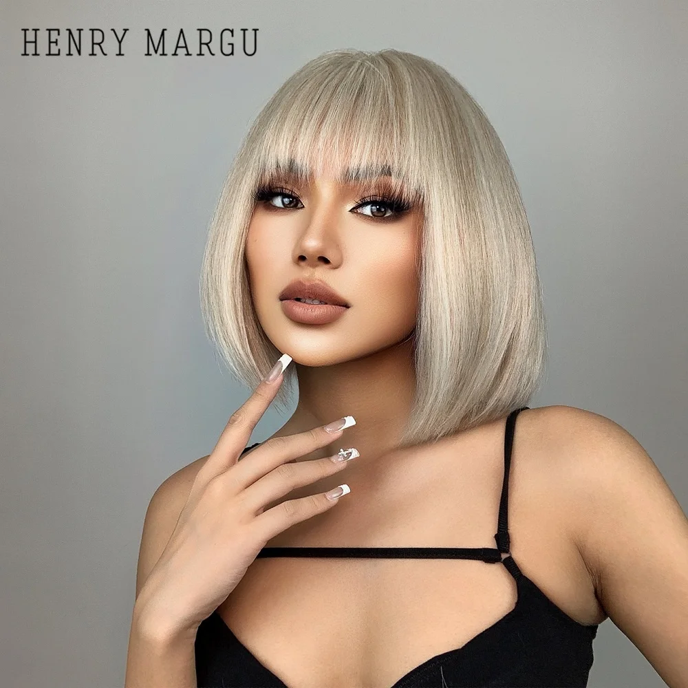 HENRY MARGU Short Straight Bob Platinum Synthetic Wigs with Bangs Light Blonde Natural Wig for Women Daily Party Heat Resistant