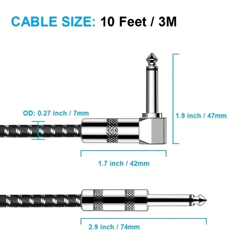 BOMGE 1m 3m 6m Premium 10FT Kabel gitarowy 1/4 cala Kabel instrumentalny - bezszumowy i super trwały akord gitarowy - przewód AMP do basów