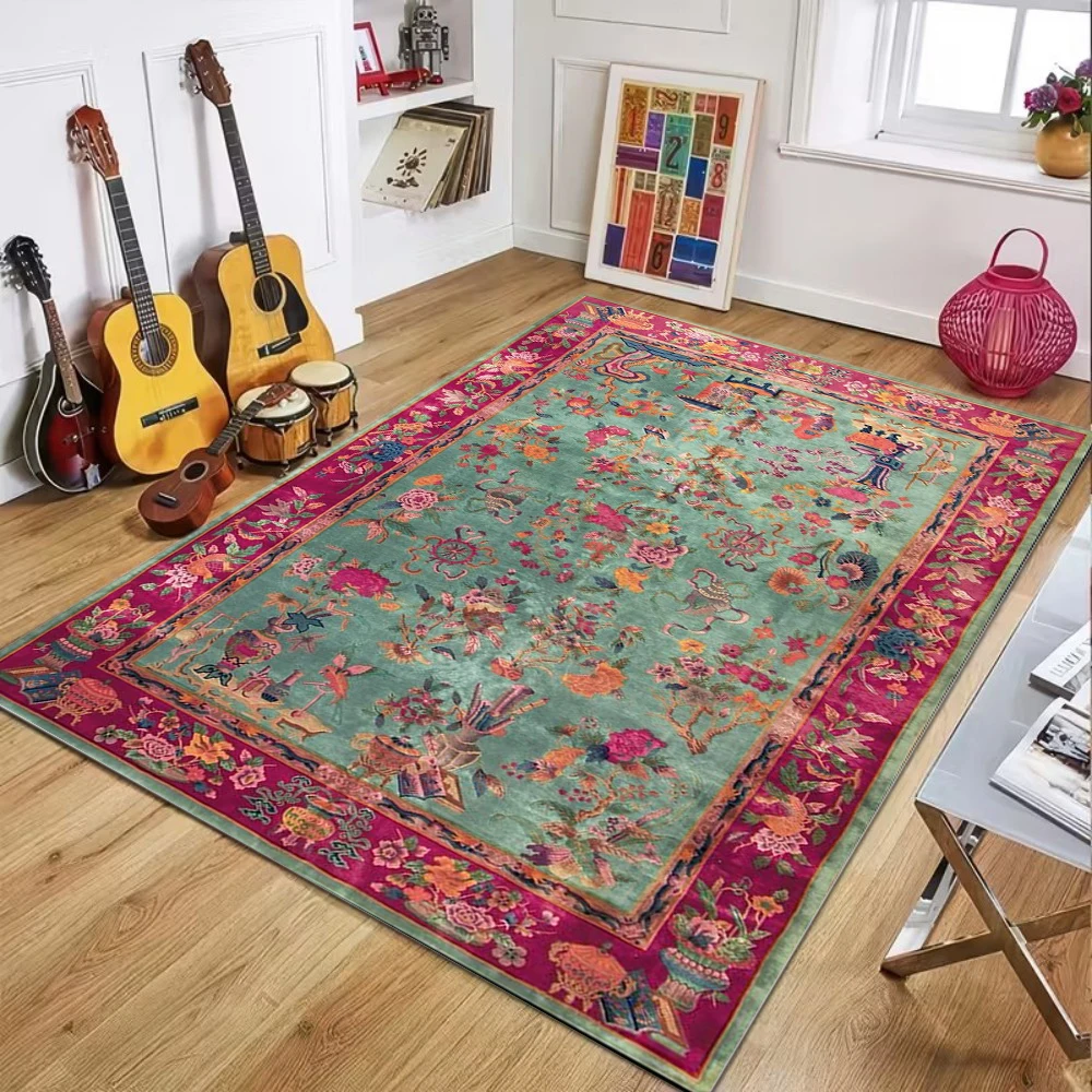 Intricate Floral Bird Traditional Pattern Area Rug Artistic Soft Non-Slip Floor Mat for Ornate Style Living Rooms Home Spaces
