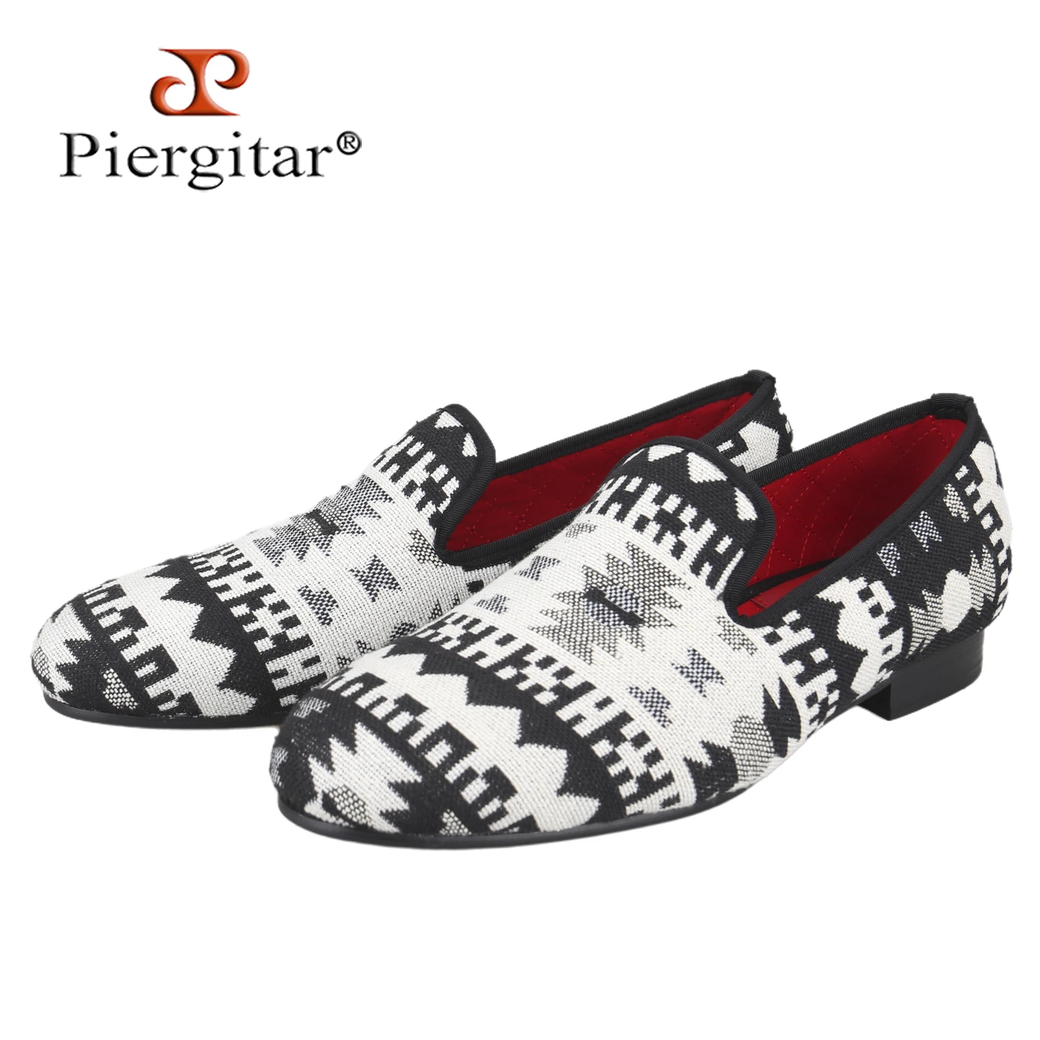 Piergitar New Chinese Style Black And White Stitching Cotton Fabric Slip-On Loafers Retro Design Handmade Men's Smoking Slippers