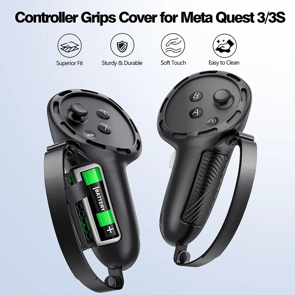 Silicone Controller Grips Non-Slip Handle Cover W/ Knuckle Straps and Battery Opening Cover for Meta Quest 3S/Quest 3