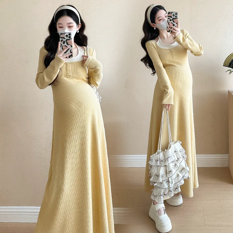 妊婦ドレス 2025 早春新製品甘い韓国スプライシング偽ツーピースニット妊婦ドレス