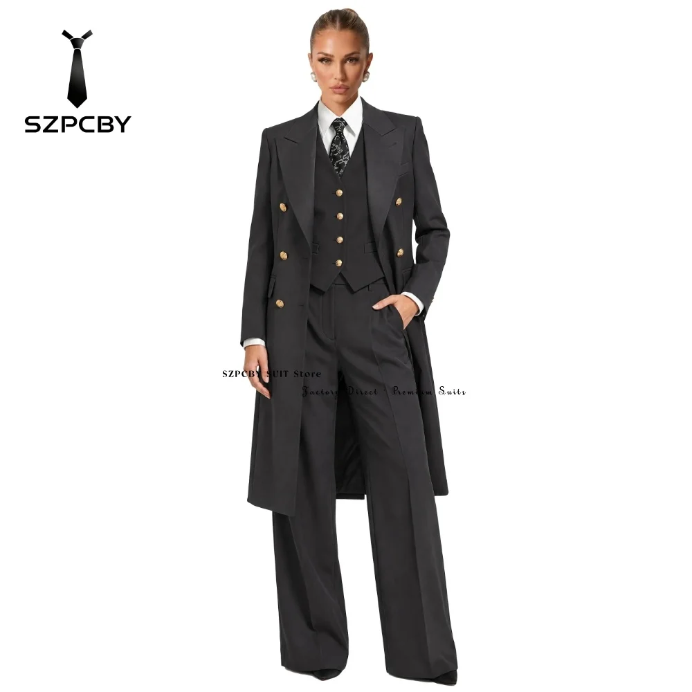 Formal Women Suits 3 Piece Sets Black Pants Suits for Women Business Long Jacket with Wide Leg Pants V Neck Lady Blazer Vest