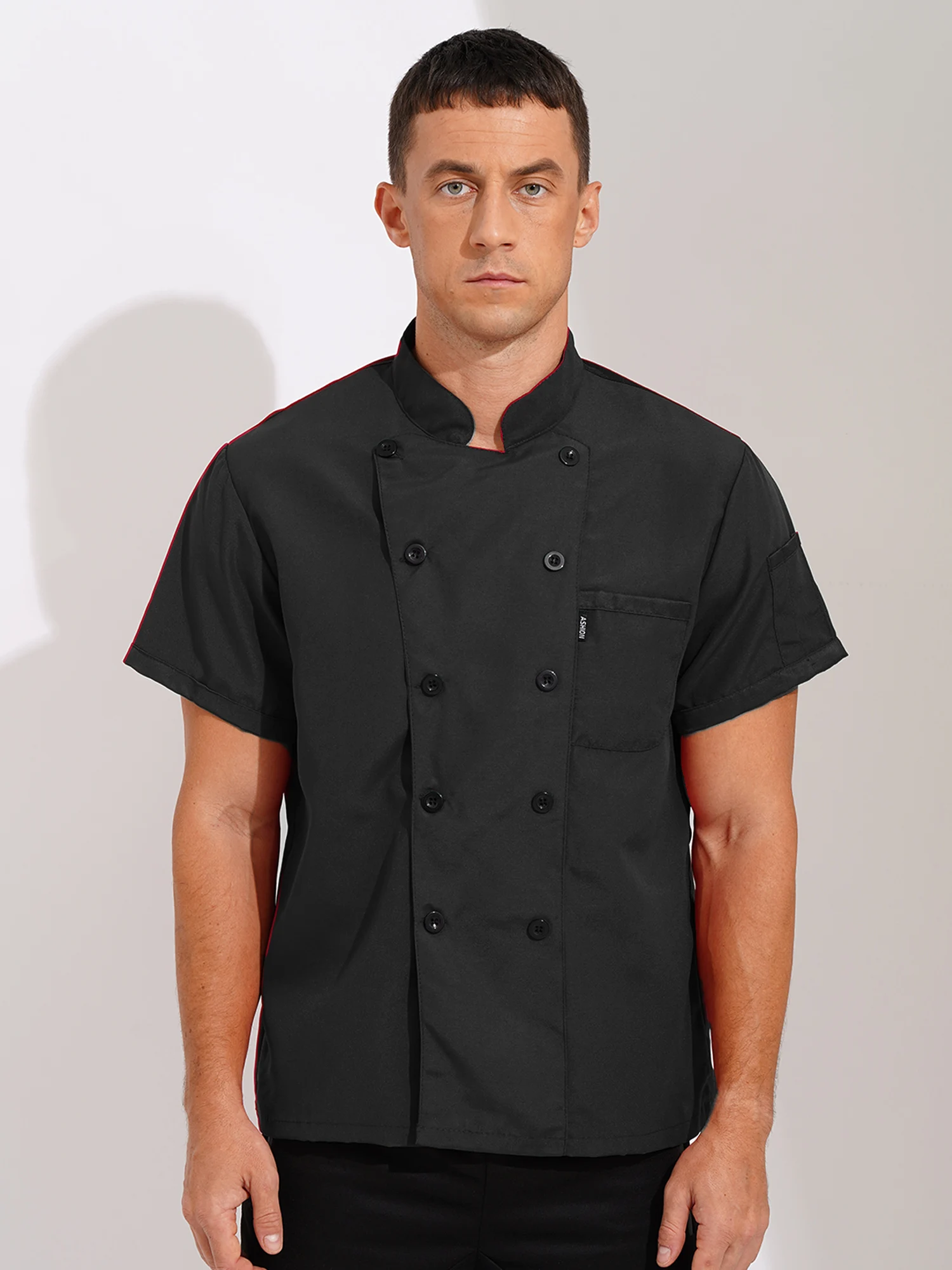 Uniforme de cuisinier de Restaurant de cantine pour hommes et femmes, veste de Chef à manches courtes, col montant, manteau de Chef de restauration d'hôtel, chemise de travail, vêtements de travail