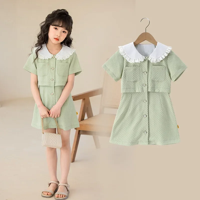 Korean Summer School Girl Dress Children Girl Lace Collar One-piece Dress Junior Girl Single-breasted A-line Dress