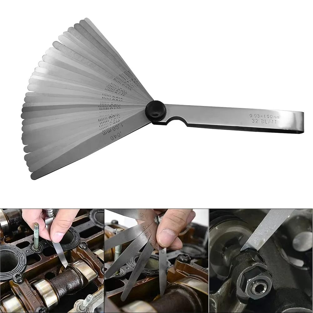 32 Blades Feeler Gauge 0.03-1mm Metric Thickness Gauge Stainless Steel Gap Measuring Tool Engine Valve Spark Plug Brake Repair