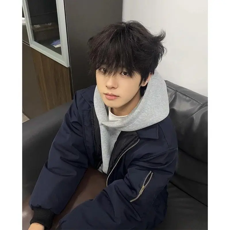 Мужская куртка Harajuku, осенне-зимняя Cleanfit, темно-синее хлопковое пальто, винтажный летный стиль, теплая верхняя одежда-пуховик, свободная посадка, повседневная мода