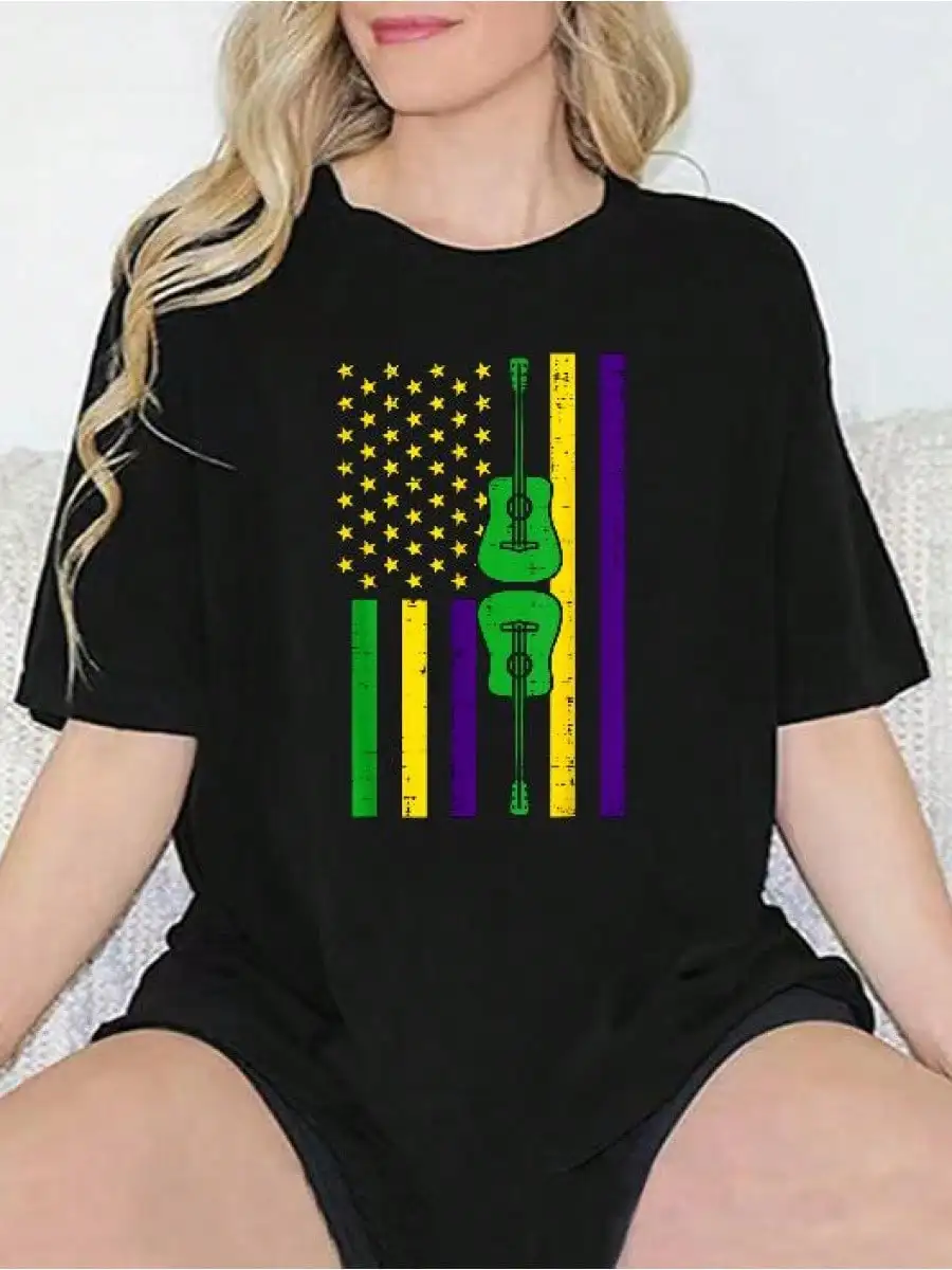 

Mardi Gras US Flag Guitar Vintage Music Patriotic Guitarist T-Shirt - 100% Cotton Printed Short Sleeve T-Shirt Top - Casual Spor