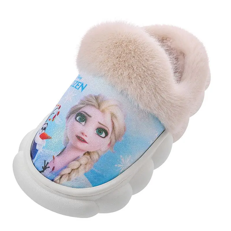 Disney Children's Cotton Slippers Frozen Princess Elsa Winter Girl Baby Anti slip Warm Home Floor Slippers Blue Fur Shoes Size 2