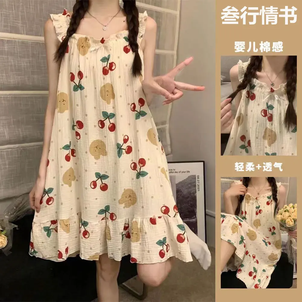 Pajama Dress Female Summer Sling Pajama Dress Female Long Dress Literary Cherry Bear Baby Cotton Sweet Home Fur