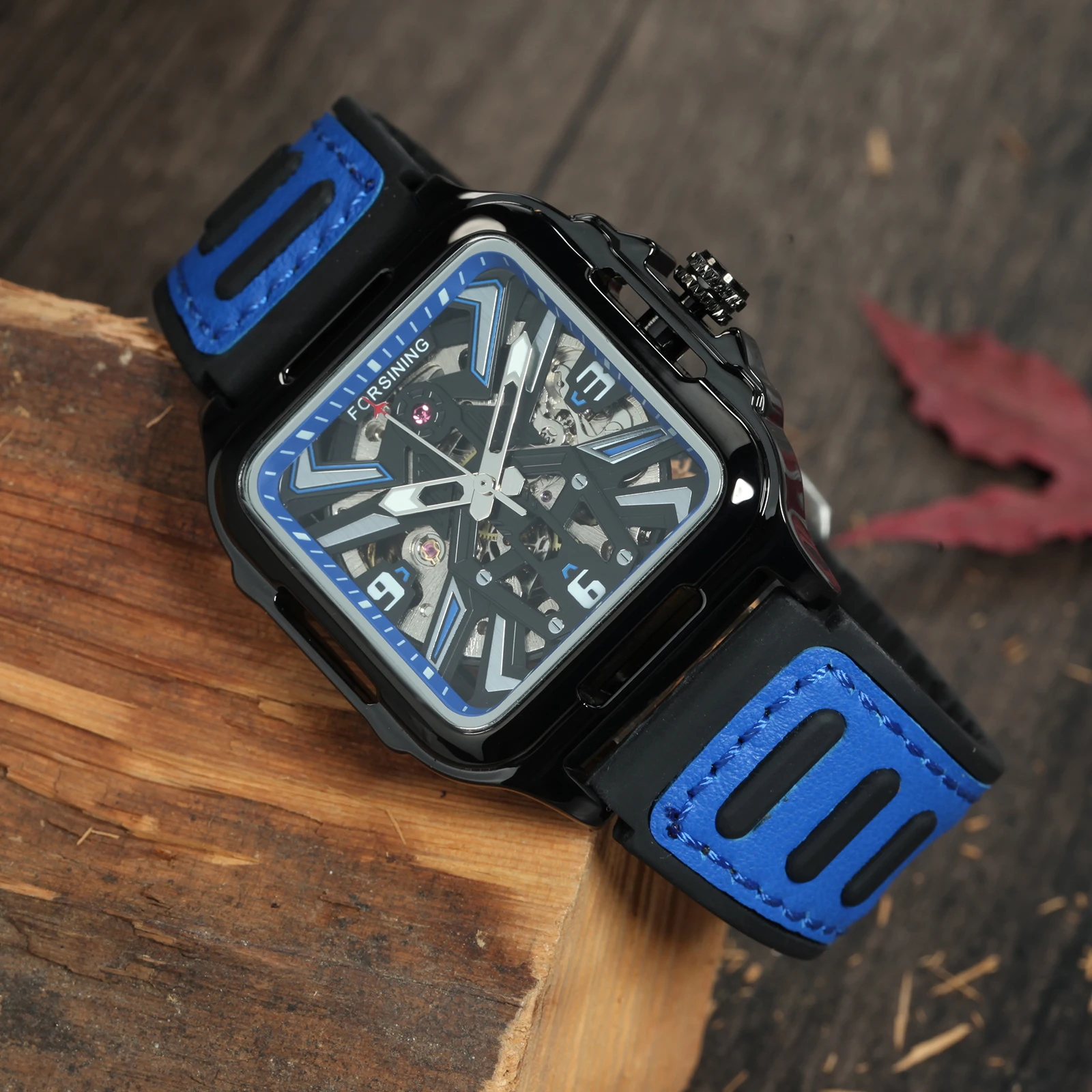 Forsining Gold Black Square Skeleton Automatic Watch for Men Luminous Hands Luxury Sports Mechanical Watches Rubber Leather Band