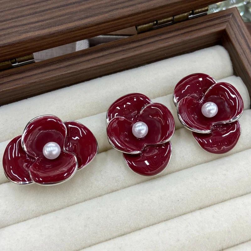 Retro Three Petal Drop Glaze Flower Central Pearl Decor Matching Earring Ring Jewelry Set