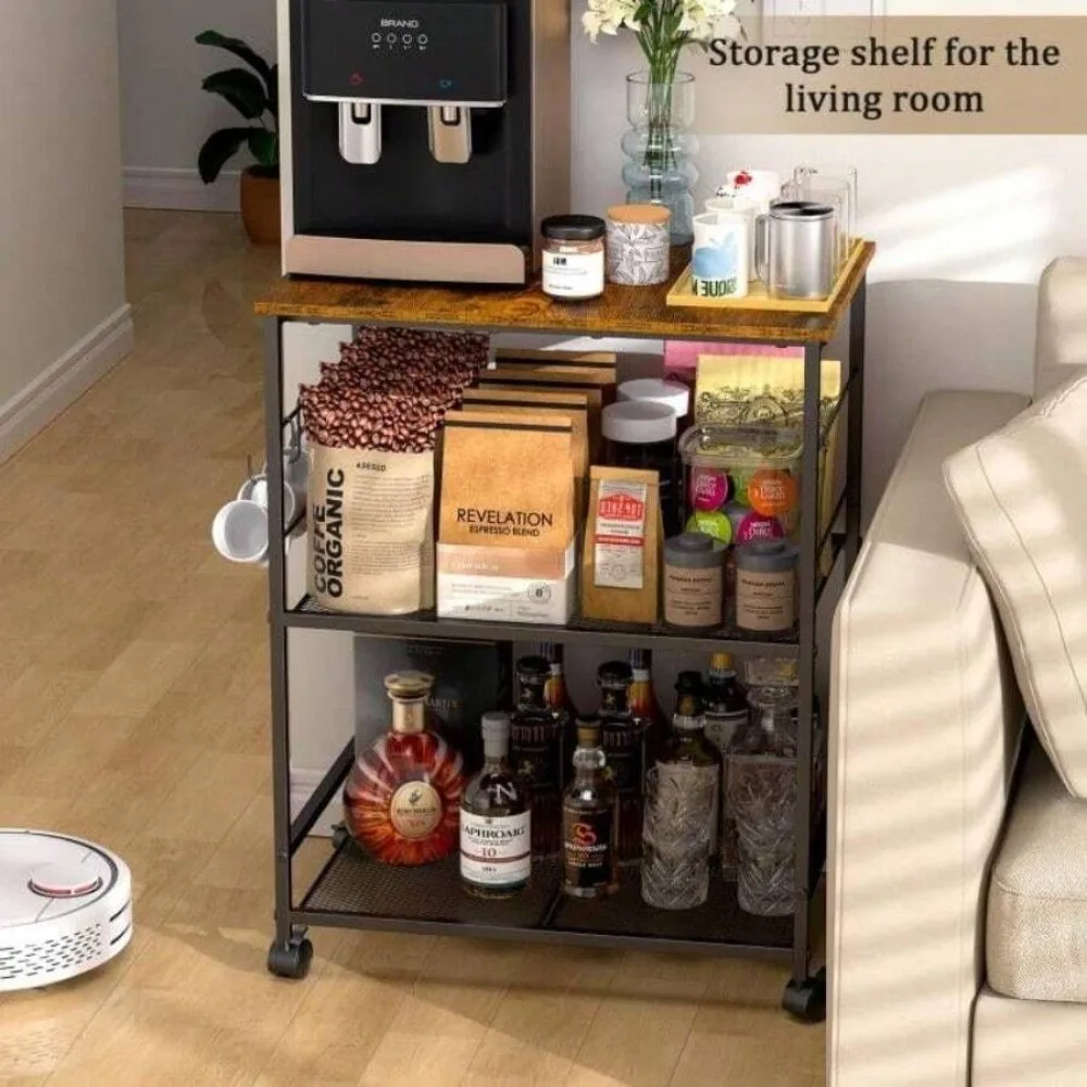 Rolling Kitchen Microwave Cart 3 Tier Microwave Table Stand With Storage Shelves, Lockable Wheels Mobile Utility Cart, Small Coffee Cart Shelf Rack Organizer For Living Room Office Balcony, Sturdy Metal Frame view 6