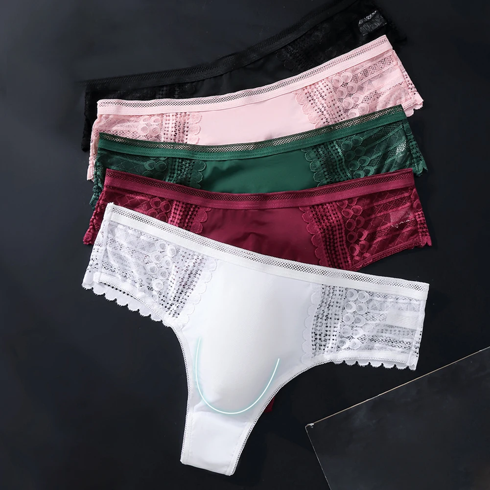 Men's Sexy Lace Seamless Ice Silk Briefs G-String Underwear Sissy 3D Bulge Pouch Pants Solid Thong Sexy Accessories Hot Bikini