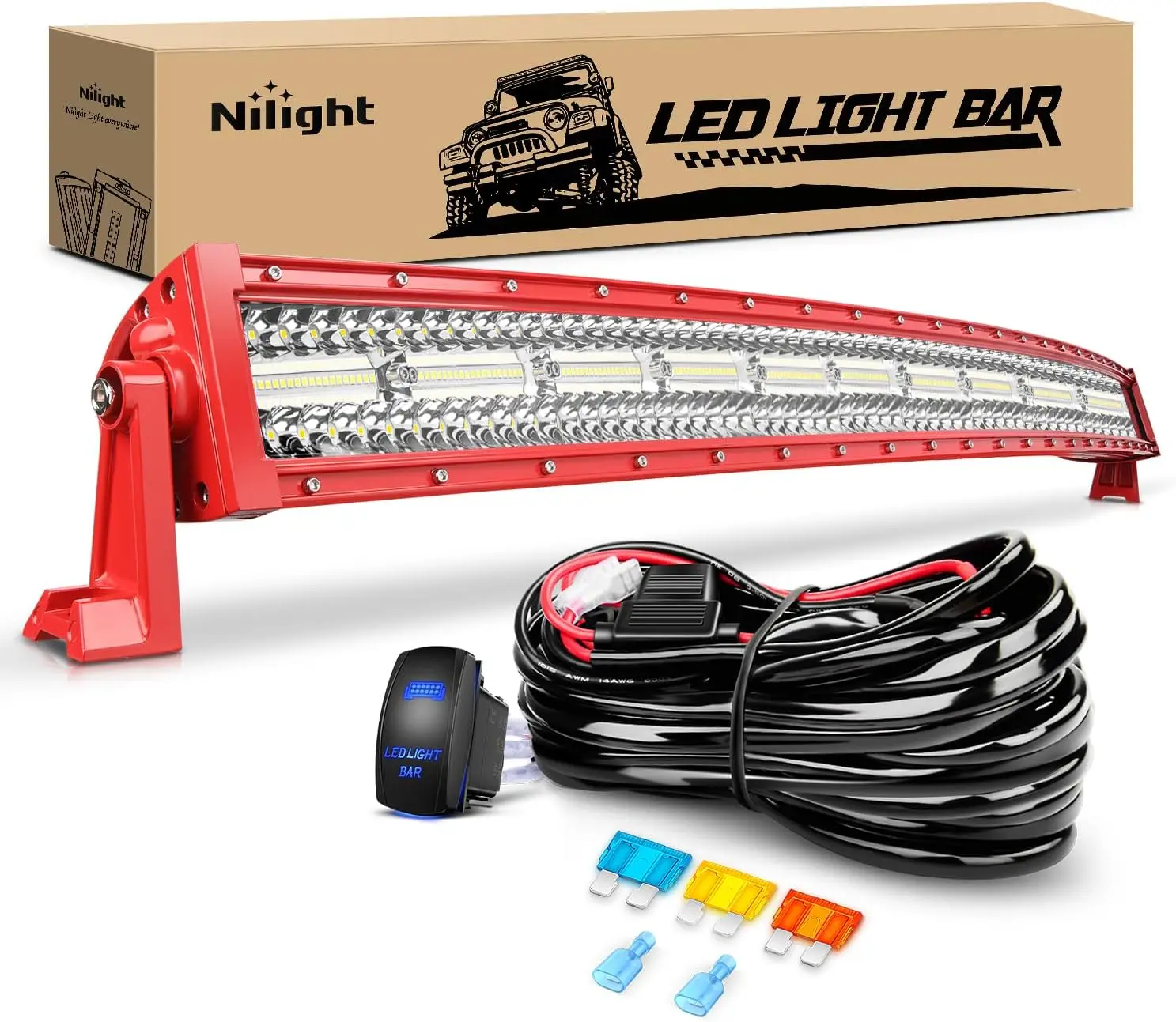 Bar 42 Inch Triple Row Spot Flood Combo Lights Red Shell with Wiring Harness Kit for Fog Light Driving Light Work Light on Off-R