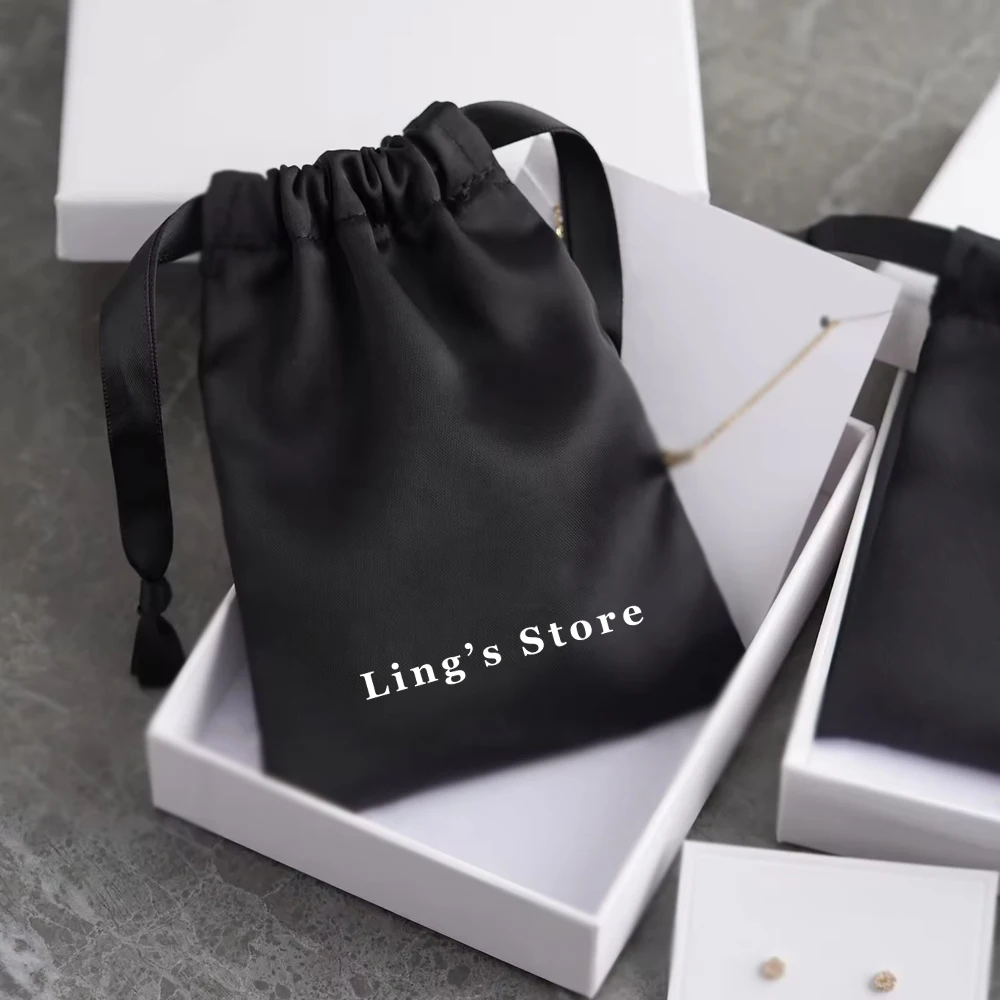 100Pcs Custom Logo Black Silk Satin Jewelry Drawstring Gift Bags Print Small Pink Packaging Pouch for Rings Wedding Favors Guest